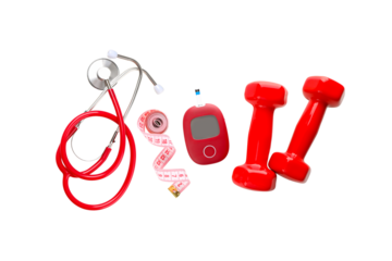 Diabetes care tools: stethoscope, glucose meter, more, isolated, PNG