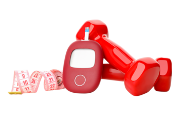 Red dumbbells, glucose monitor, measuring tape, isolated, PNG