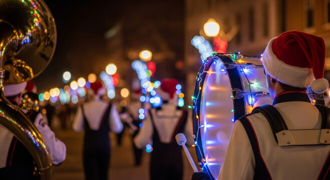 Festive drum decorated lights marching band musician holiday singing carol family
