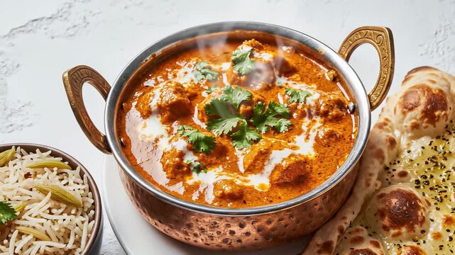 A vibrant plate of Indian inspired dishes, including curry, rice, bread, and various sauces, invitingly arranged on a table to evoke feelings of cultural exploration and culinary adventure.