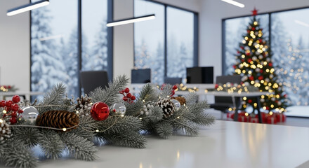 Pine branch decorations holiday christmas new year workplace with festive lights and red bauble creating cozy seasonal office atmosphere