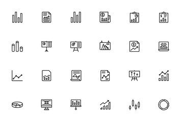 Financial Diagrams and Reports icon set. Business vetor illustrations. Include symbols for bar chart, anlysis, report, presentatio, profit, graph, candlestik chart and more. Editablestroke.
