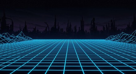 Cyber Cityscape: A mesmerizing digital realm with neon-blue grid lines stretches into the distance, framed by stylized wireframe landscapes, evoking a sense of futuristic wonder.