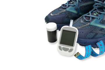 Shoes, glucose meter, and tape arranged together, isolated, PNG