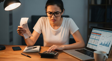 Young woman calculator tax finance budget financial accounting payment debt stressed at desk with receipt laptop spreadsheet