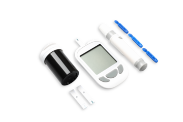 Glucose meter with a digital display and test strips, isolated, PNG
