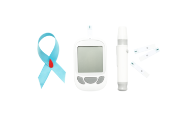Blood glucose meter with test strips and blue ribbon, isolated, PNG