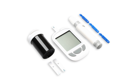 Glucose meter with a digital display and test strips, isolated, PNG
