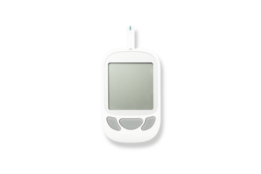 White glucose meter with a blank screen, isolated, PNG