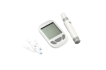 Diabetes testing: blood glucose meter and lancet, isolated, PNG