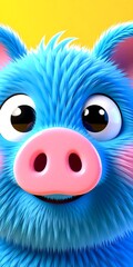 Obraz premium A cute, fluffy blue creature with big expressive eyes and a pink pig nose, set against a vibrant yellow background.