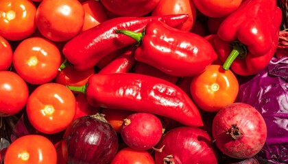 Close up of fresh red vegetables flat lay background. Vibrant mix of tomatoes, peppers, onions, and radish for healthy diet and cooking concepts.