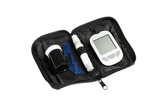 Diabetes kit with glucose monitor and supplies, isolated, PNG
