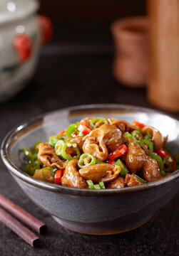 Closeup of a side dish, spicy large intestines