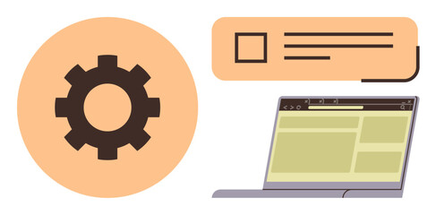 Gear icon, web interface, and laptop screen symbolize system configuration, productivity, online tools, website design, workflow optimization, development and UIUX design. Simple flat metaphor