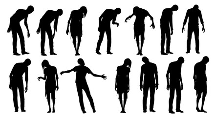 Obraz premium Spooky zombie silhouettes shuffle menacingly, perfect for Halloween and horror themes, creating an eerie, undead atmosphere.