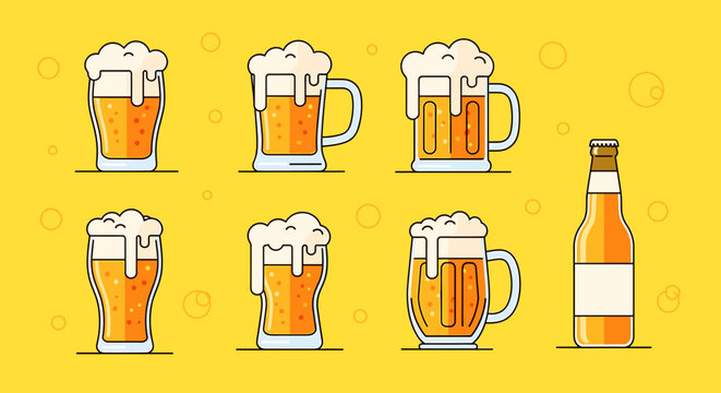 Vibrant collection of frothy beer mugs and bottles illustrated in a fun, modern flat design style perfect for celebrations and branding