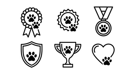 Celebrate pet excellence with these vibrant icons depicting awards, trophies, and hearts featuring paw prints, perfect for canine or feline achievements.