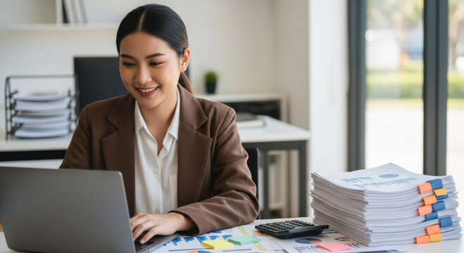 Finance report analysis tax budget financial accounting young woman working on laptop with stack of documents calculator and charts in modern office smiling focused productive