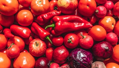 Red fruits and vegetables flat lay background. Fresh organic mix of tomatoes, peppers, apples, and onions for healthy diet and cooking concepts.