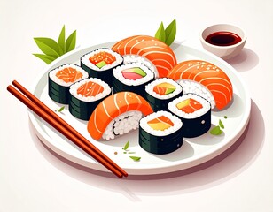 Flat Vector Japanese Sushi Illustration Isolated on White Background