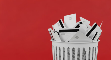Discarded credit card pile in waste bin symbolizing pay off debts business goals finance recovery and financial reset