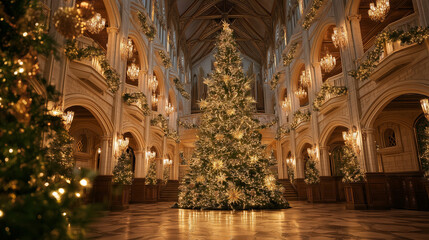 Fototapeta premium Holiday Splendor: Christmas trees illuminate a majestic church interior, evoking the warmth and grandeur of the festive season.