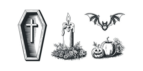 Naklejka premium Halloween coffin bat candle pumpkin and flowers woodcut