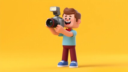 Cheerful 3D Photographer Taking Pictures with Digital Camera