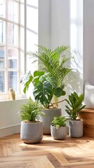 Fototapeta premium Indoor Houseplants in White Pottery Near Window Bright Natural Light Modern Decor