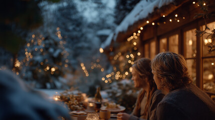 Fototapeta premium Winter Evening Conversation: A cozy winter scene unfolds as a couple shares an intimate moment. Soft lights cast a warm glow, enhancing the serene ambiance.