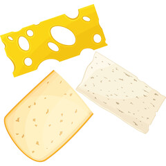 Three Slices Of Cheese With Different Textures And Holes Isolated On A White Background