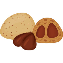 Three Raw Almonds One Whole And Two Halved Showing The Inner Texture And Brown Skin Against A Clean Transparent Background