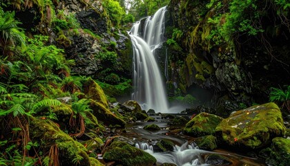 Naklejka premium Lush green forest scene with a cascading waterfall flowing over moss-covered rocks and a clear stream reflecting the vibrant foliage and dappled sunlight filtering through the trees.
