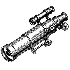Old antique telescope or spyglass, vintage style, retro discovery equipment element. Vector illustration in engraved hand drawn sketch style for scientist, astronomy or exploration concept