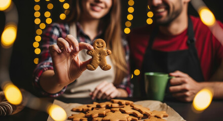 Gingerbread cookie held by smiling person on tray with warm christmas lights and new year mood creating cozy holiday baking scene