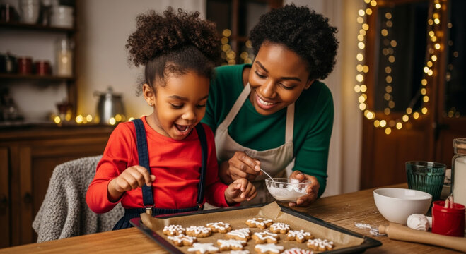 Gingerbread cookies on tray evoke christmas and new year joy as mother and child decorate together with icing and smiles creating warm holiday baking memories - Powered by Adobe