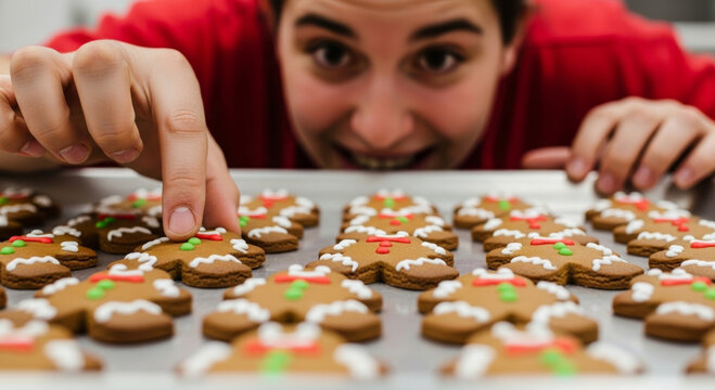 Gingerbread cookies tray christmas new year baking scene with smiling person reaching for cookie joyful holiday treat