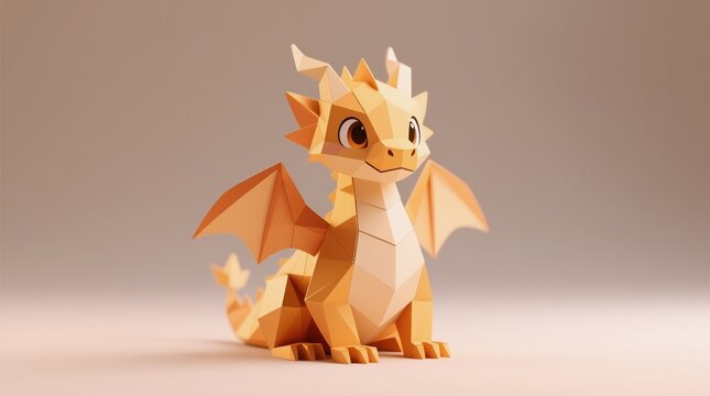 A cute, golden paper-cut dragon with large expressive eyes and folded wings sits calmly against a soft beige backgroundperfectly whimsical and minimalist design.