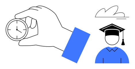 Hand holding stopwatch symbolizing time management, paired with a graduates cap representing academic goals. Ideal for education, productivity, discipline, achievement, focus, efficiency