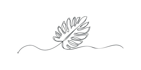 Single line drawing of a monstera leaf on wavy lines