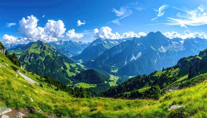 Fototapeta premium Panoramic Summer Mountain Valley Landscape With Green Grass And White Clouds Under Blue Sky