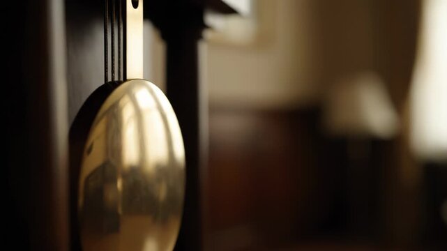 Close-up of a golden pendulum and its support on a dark wooden frame, blurred background suggesting a room