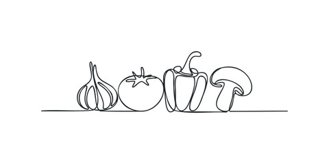 Continuous line drawing of garlic tomato bell pepper and mushroom