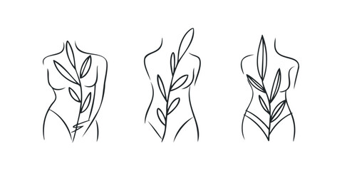Obraz premium Minimalist line art of three female torsos with organic leaf motifs