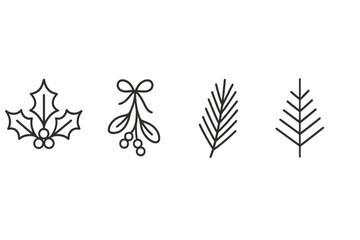 Christmas winter holiday plants icons set including holly, mistletoe, pines and firs, line art clip art
