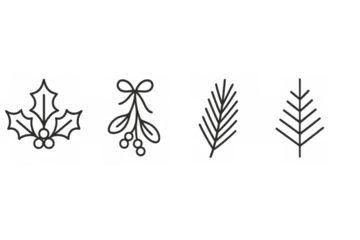 Christmas winter holiday plants icons set including holly, mistletoe, pines and firs, line art clip art