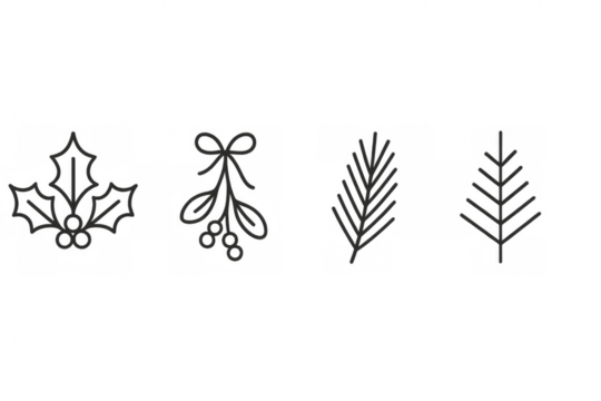Christmas winter holiday plants icons set including holly, mistletoe, pines and firs, line art clip art