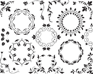 Ornate Floral Frame Collection Vector Illustration of Decorative Borders and Flourishes for Invitations, Cards, and Graphic Elements in Black and White
