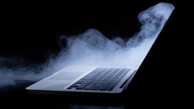 An overheating laptop emits thick smoke, isolated on a black background, symbolizing failure or burnout.